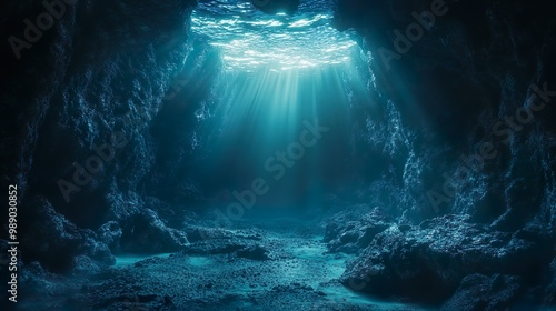 Dark ocean glowing around ruins in mysterious underwater seascape picture