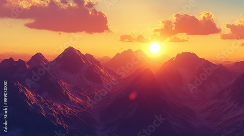 Majestic sunrise over rugged mountains with vibrant clouds and glowing landscape in a serene natural setting