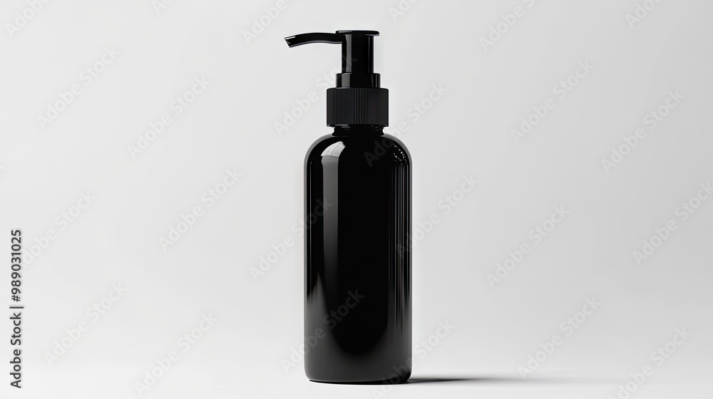 A simple black plastic pump bottle, displayed on a white background, ready for cosmetic packaging presentations. A simple black plastic pump bottle, displayed on a white background, ready for cosmetic packaging presentations.