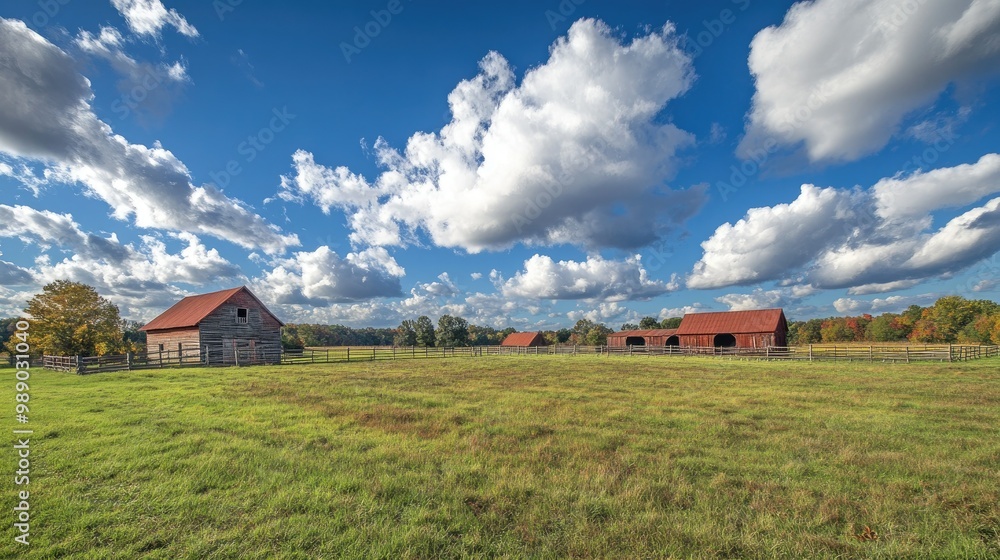 A wide angle of an open animal farm with empty stables and a barn on the horizon, sky filled with clouds A wide angle of an open animal farm with empty stables and a barn on the horizon, sky filled with clouds