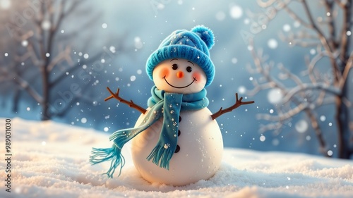 Cheerful Snowman Welcoming Winter, A friendly snowman wearing a blue hat and scarf sits amidst falling snowflakes. Surrounded by snow and trees, this cheerful scene captures the magic of a winter day.