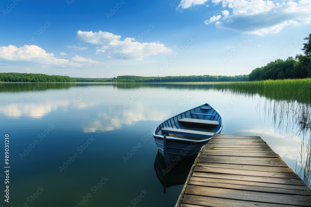 Peaceful Lakeside Scene with Rowboat and Dock Peaceful Lakeside Scene with Rowboat and Dock