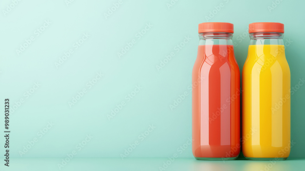 Two colorful juice bottles on a pastel green background, perfect for refreshing beverage concepts. Two colorful juice bottles on a pastel green background, perfect for refreshing beverage concepts.