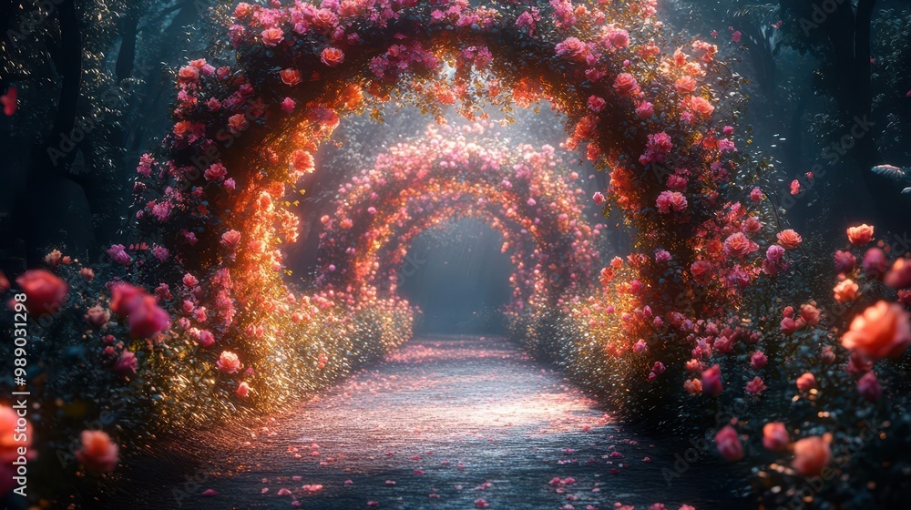 enchanted garden archway with cascading exotic flowers iridescent petals soft pastel hues dreamy bokeh effect ethereal mist swirling around delicate blooms enchanted garden archway with cascading exotic flowers iridescent petals soft pastel hues dreamy bokeh effect ethereal mist swirling around delicate blooms