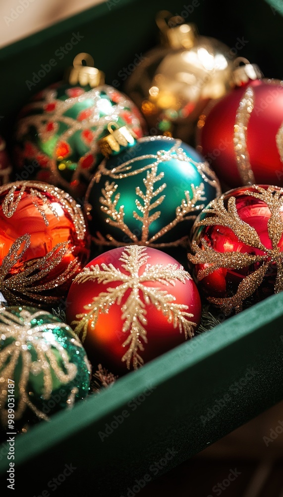 Close-Up of Traditional Christmas Ornaments in Red, Gold, and Green for Holiday Decor and Gift Ideas Close-Up of Traditional Christmas Ornaments in Red, Gold, and Green for Holiday Decor and Gift Ideas