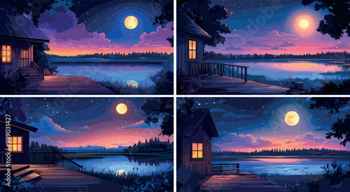 Night wooden lake shore terrace cartoon vector concepts. Hut window timber wooden veranda rural house, pond forest horizon full moon midnight nature landscape illlustration