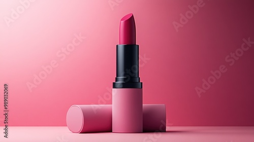 A vibrant pink lipstick showcased against a matching background.