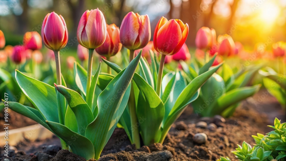 Obraz premium Fresh overwintered tulips ready to bloom in a spring garden bed