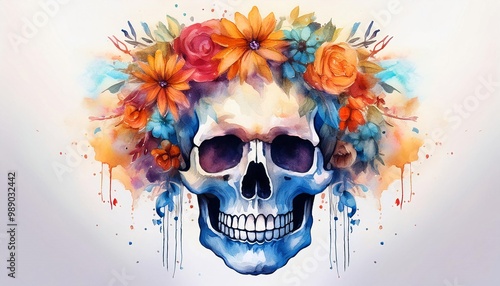 Vibrant watercolor painting of Skull with flower crown symbolizes life and death in day of the dead celebration