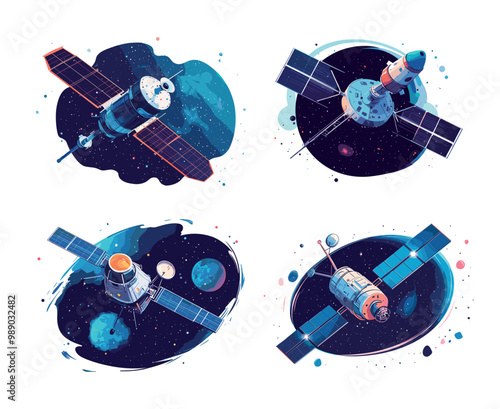 Outer space satellite cartoon vector set. Orbit solar panels flying vessel cosmic gps transmitters telecommunication carriers, communication wireless network automated docking modules illustrations