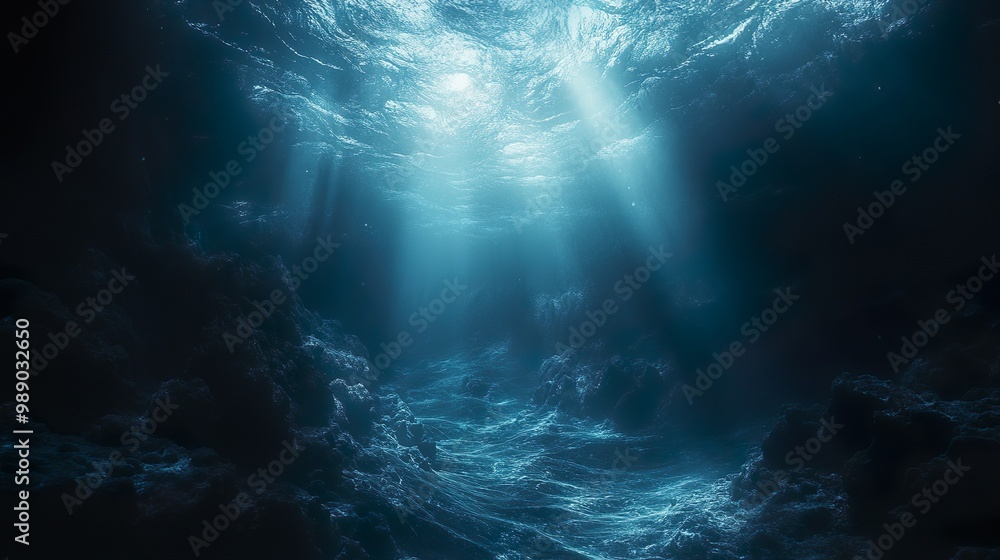 Dark ocean hiding glowing mysterious underwater ruins in seascape picture Dark ocean hiding glowing mysterious underwater ruins in seascape picture
