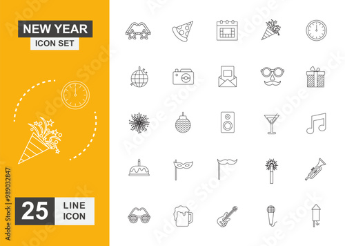 New year icon set. Celebrate, event, festival, balloon and more line icon.