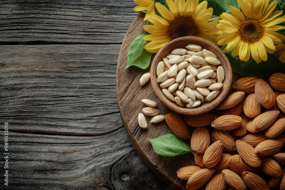A creative arrangement of vitamin E capsules with almonds and sunflower seeds on a rustic wooden board, with blank space in the center for text or promotional content. A creative arrangement of vitamin E capsules with almonds and sunflower seeds on a rustic wooden board, with blank space in the center for text or promotional content.