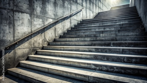 Weathered concrete staircase stretches upward, grayish tone and directional light emphasizing rough grain, dramatic shadows amplify gritty urban essence.