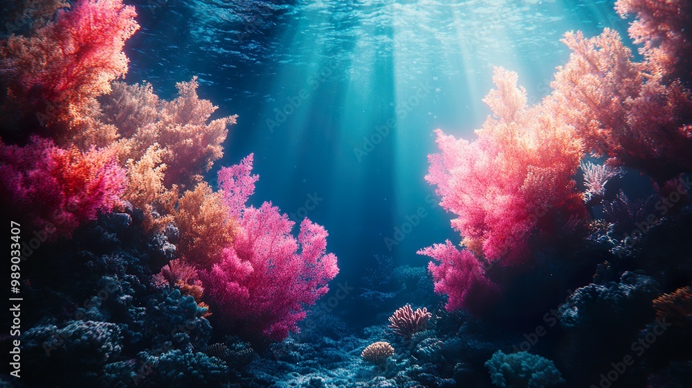 Fototapeta premium Mysterious seascape with dark ocean glowing around underwater ruins picture