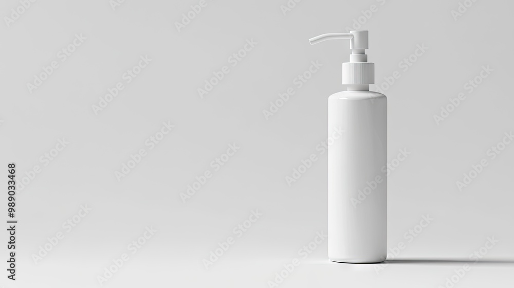 A sleek white plastic cosmetic bottle with a pump, isolated on a white background, perfect for showcasing branding or packaging design. A sleek white plastic cosmetic bottle with a pump, isolated on a white background, perfect for showcasing branding or packaging design.