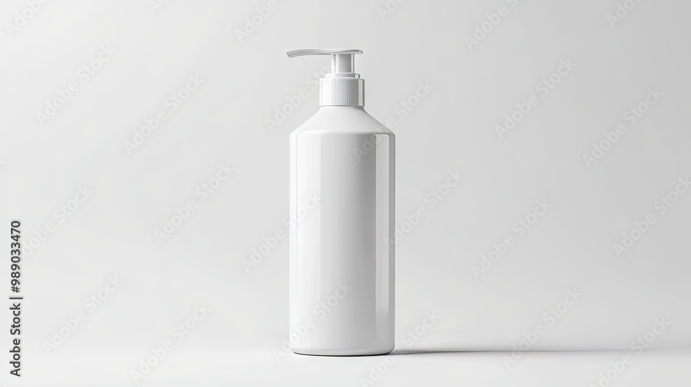 A sleek white plastic cosmetic bottle with a pump, isolated on a white background, perfect for showcasing branding or packaging design. A sleek white plastic cosmetic bottle with a pump, isolated on a white background, perfect for showcasing branding or packaging design.