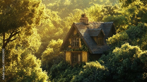 A quaint house nestled among lush greenery, illuminated by warm sunlight.