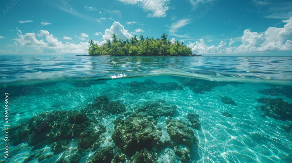 Fototapeta premium Beautiful underwater view of lone small island above and below the water surface in turquoise waters of tropical ocean. 