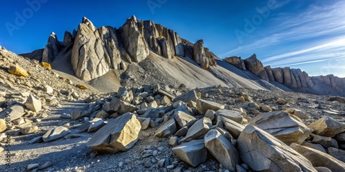Gray rocky outcroppings jut from a rough-textured beige gravel slope in harsh sunlight with stark shadows and high contrast composition.