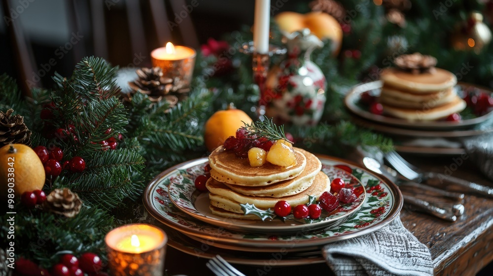 Festive Christmas Breakfast Table Setting with Holiday-Themed Dishes, Pancakes, and Fresh Fruit Festive Christmas Breakfast Table Setting with Holiday-Themed Dishes, Pancakes, and Fresh Fruit