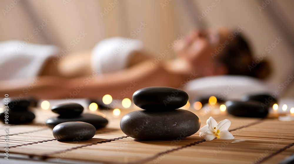 Stacked black stones on a bamboo mat with a flower and a woman in the background. Stacked black stones on a bamboo mat with a flower and a woman in the background.