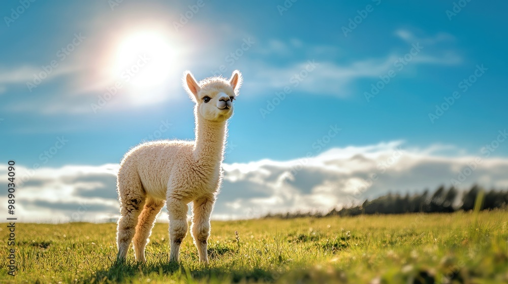 Fototapeta premium An adorable baby alpaca standing in a sunny meadow, with ample copy space in the background sky