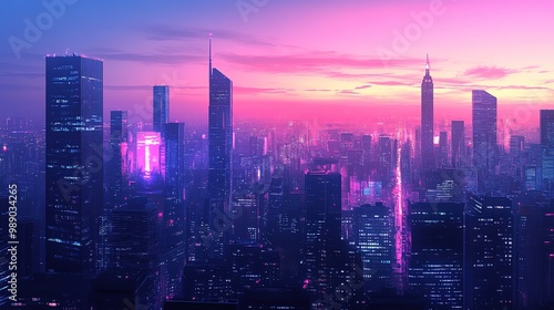 A vibrant city skyline illuminated by neon lights at dusk, showcasing tall skyscrapers and a picturesque sunset view