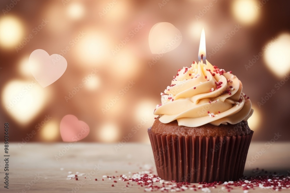 Chocolate Cupcake with a burning candle And Hearts Of Lights with a copy space, MZ Chocolate Cupcake with a burning candle And Hearts Of Lights with a copy space, MZ