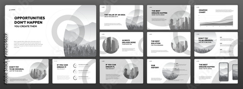 Creative Powerpoint presentation template set. Modern Keynote presentation background, brochure cover design, brand guidelines, proposal presentation, annual report, company profile, pitch deck.	