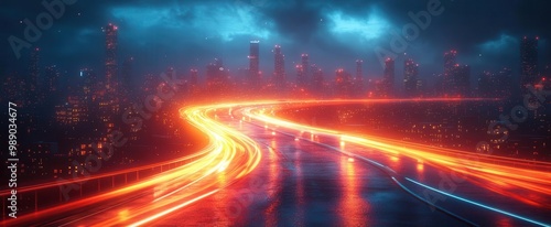 futuristic cityscape at night with glowing red and blue light trails representing aicontrolled traffic patterns creating a mesmerizing longexposure effect photo