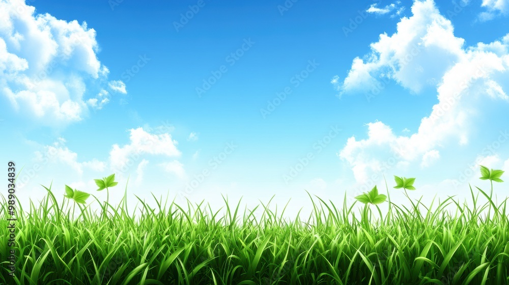 Tranquil green meadow clear blue sky with floating leaves Tranquil green meadow clear blue sky with floating leaves