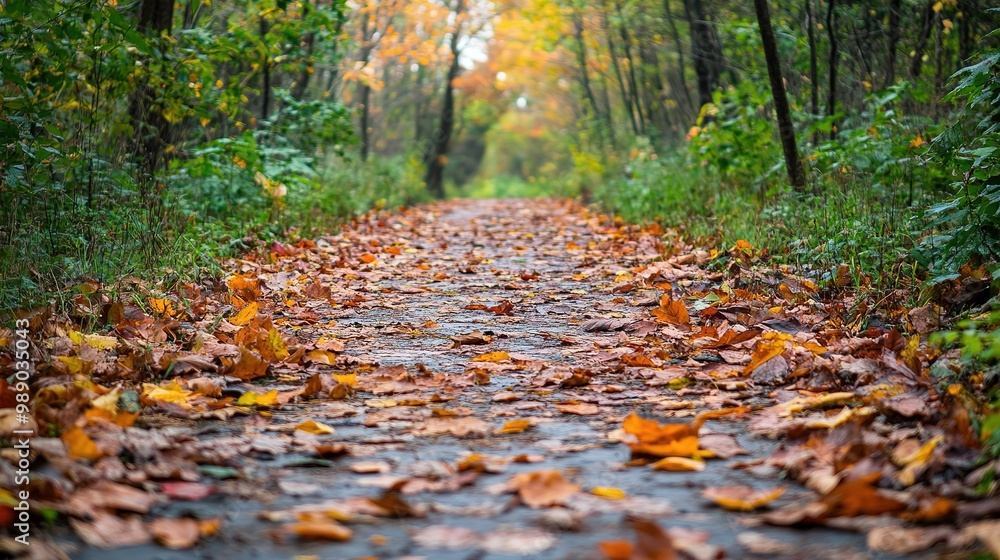 Colorful autumn leaves cover a serene path in a lush forest during a sunny afternoon Colorful autumn leaves cover a serene path in a lush forest during a sunny afternoon