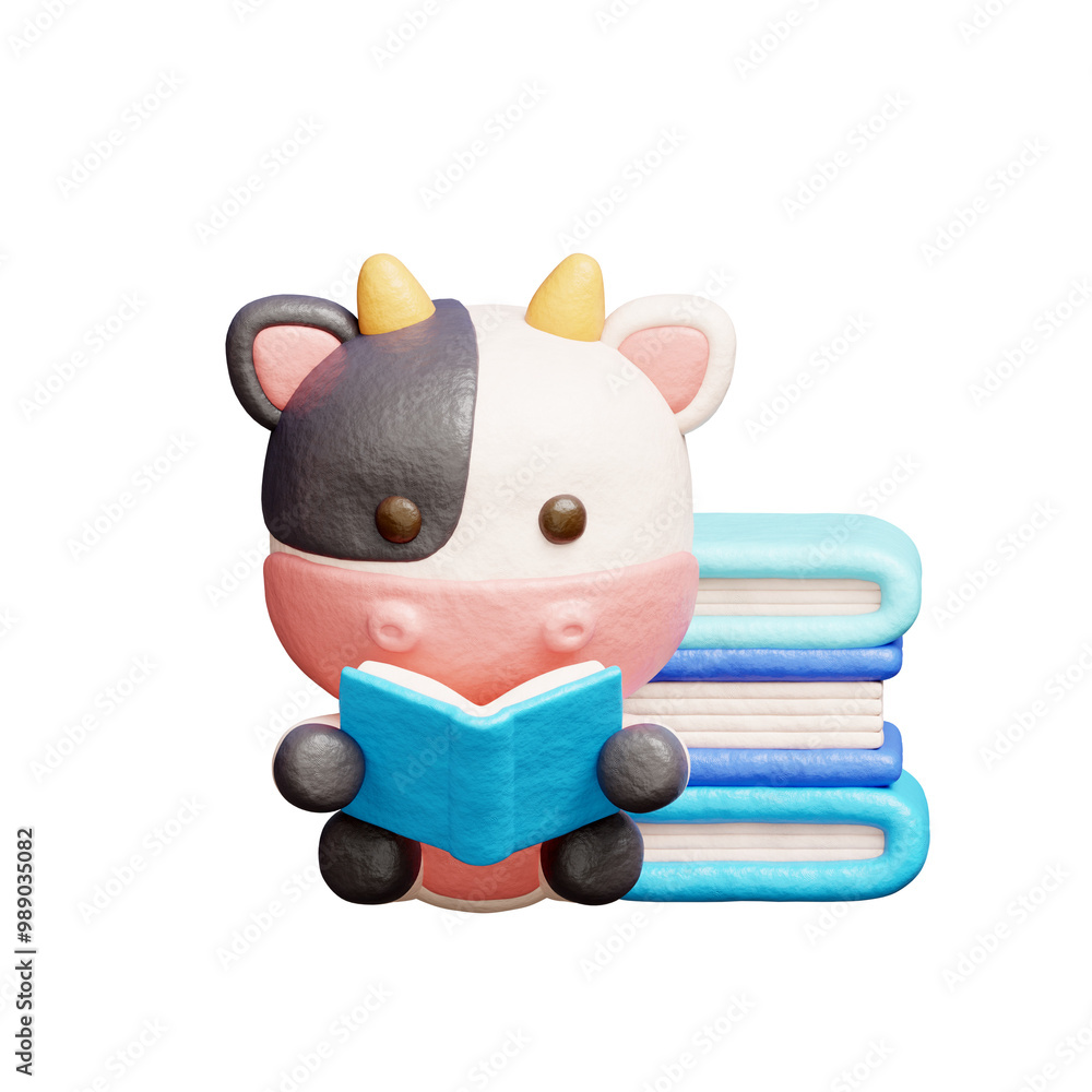 Naklejka premium 3D cute cow reading a book, Cartoon animal character, 3D rendering.