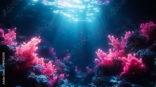 Glowing underwater ruins brighten dark ocean depths mysterious seascape picture