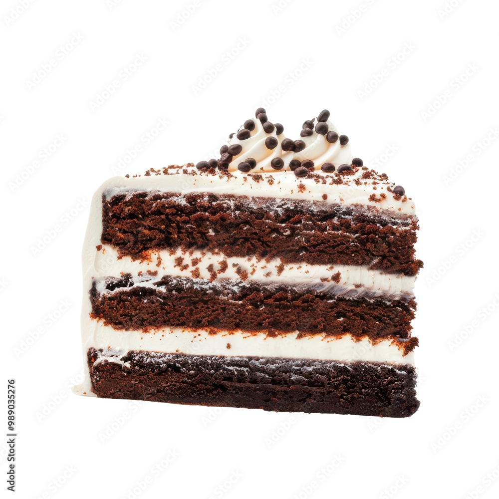 PNG Delicious chocolate cake slice with creamy frosting on a white background. PNG Delicious chocolate cake slice with creamy frosting on a white background.