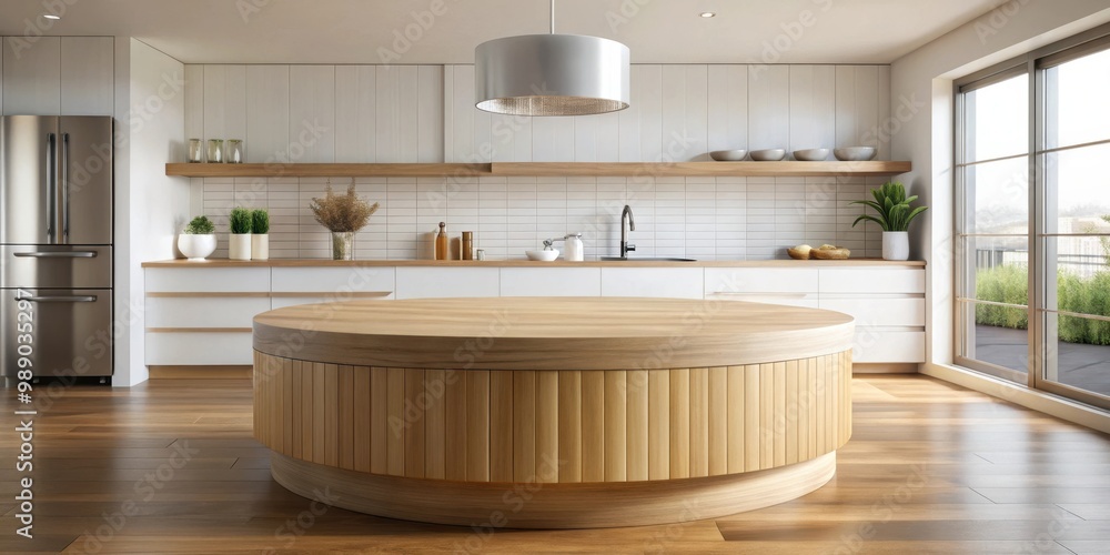 A sleek circular wooden counter in a bright kitchen setting perfect for product display A sleek circular wooden counter in a bright kitchen setting perfect for product display