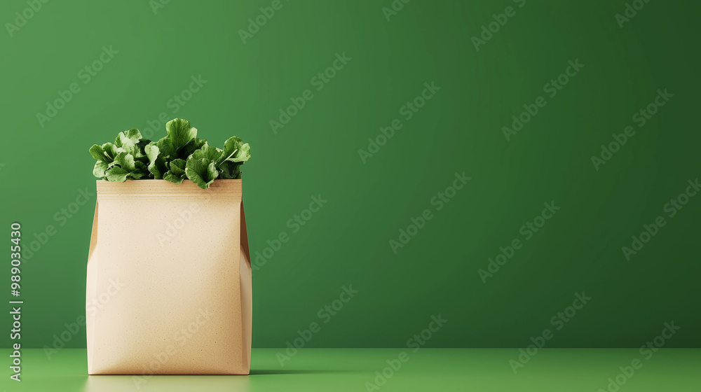 Fresh green lettuce in a paper bag on a vibrant green background. Fresh green lettuce in a paper bag on a vibrant green background.