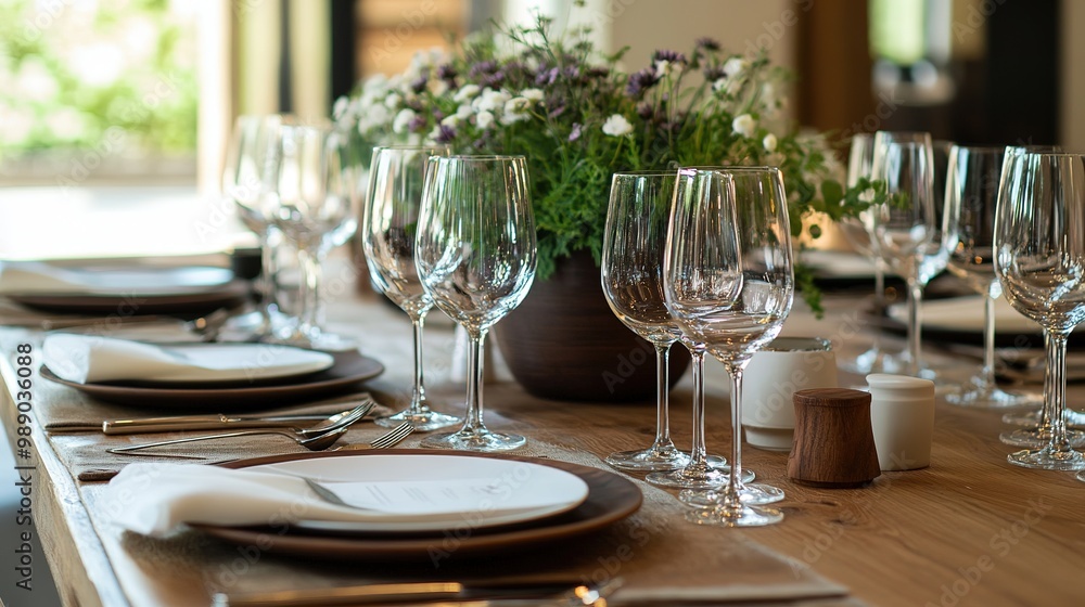 Elegant table setting with floral centerpiece for a formal dining occasion in a cozy indoor space during daylight Elegant table setting with floral centerpiece for a formal dining occasion in a cozy indoor space during daylight