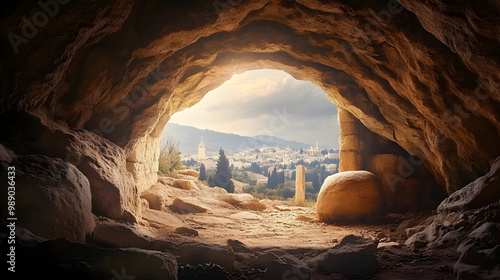 Wallpaper Mural Easter Sunday concept: Jesus Christ is risen from tomb. View from empty cave on Calvary hill to Jerusalem. Christian Easter concept. Church worship, salvation concept Torontodigital.ca