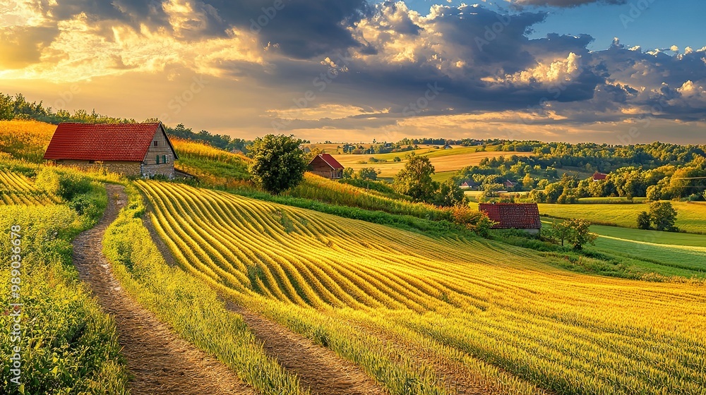 Scenic rural landscape with winding road and charming houses under a blue sky and fluffy clouds during a sunny day Scenic rural landscape with winding road and charming houses under a blue sky and fluffy clouds during a sunny day