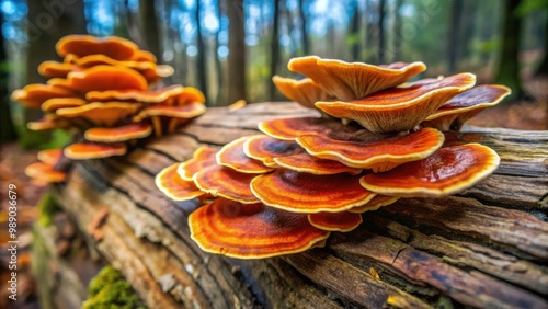 Close up of pycnoporus sanguineus fungus growing on a piece of dead wood photo