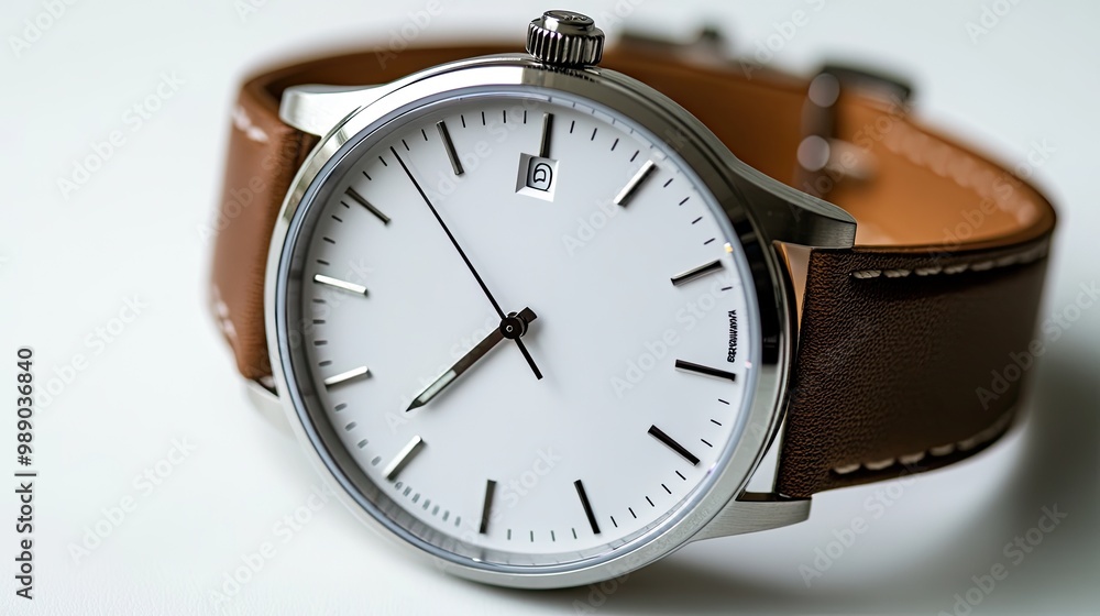 A stylish and trendy wristwatch lying flat on a white background, with its metallic details shining under soft lighting, perfect for branding. A stylish and trendy wristwatch lying flat on a white background, with its metallic details shining under soft lighting, perfect for branding.