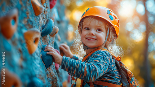 Enthusiastic young child wearing a helmet and harness, smiling while climbing a colorful rock wall outdoors

 photo