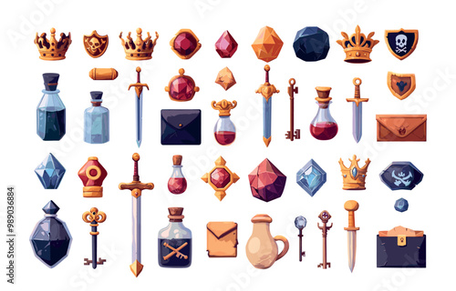 Pirate buccaneer adventure items cartoon vector set. Diamond royal crown blade sword postal vial envelope bottle gem poison flask elixir magnifying glass key quest stuff, isolated illustration