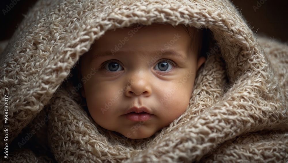 A baby is wrapped in a blanket and has blue eyes A baby is wrapped in a blanket and has blue eyes