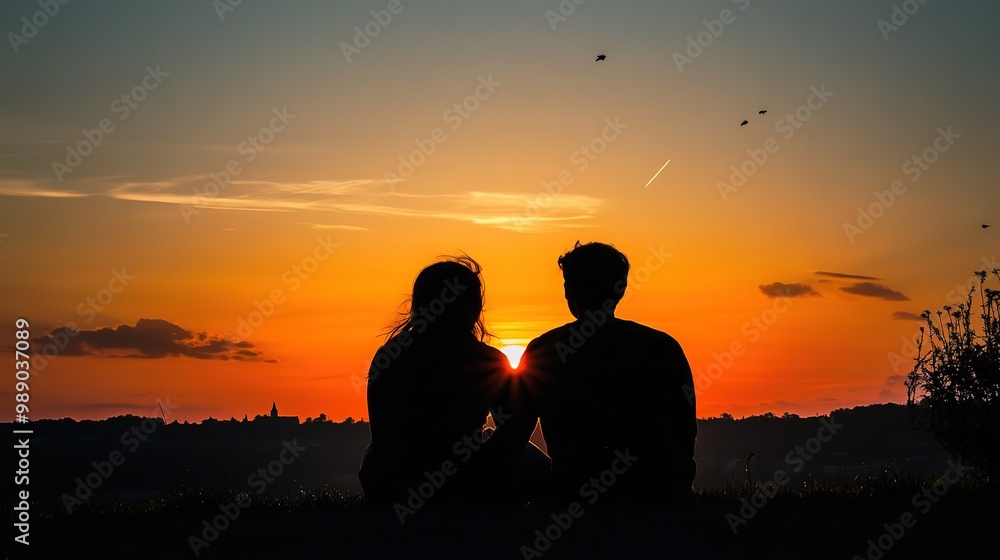 Couple sitting together on a grassy hill enjoying a vibrant sunset with birds flying overhead on a warm evening Couple sitting together on a grassy hill enjoying a vibrant sunset with birds flying overhead on a warm evening