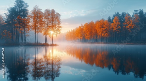 Misty Autumn Sunrise Over Calm Lake Reflections