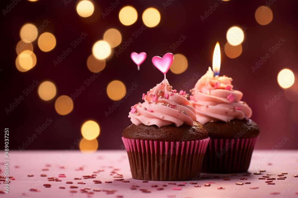 Chocolate Cupcake with a burning candle And Hearts Of Lights with a copy space, MZ Chocolate Cupcake with a burning candle And Hearts Of Lights with a copy space, MZ