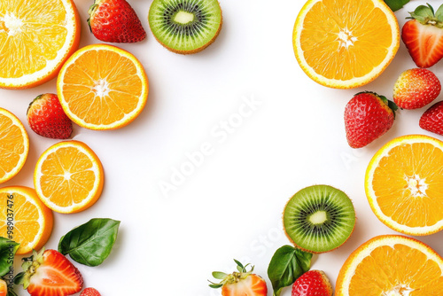 Fototapeta Naklejka Na Ścianę i Meble -  A flat lay of vitamin C rich fruits like oranges, strawberries, and kiwis on a white background, with blank space at the bottom for text or promotional content.